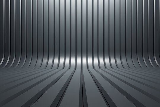 Abstract shiny grey interior with lines. 3D Rendering.