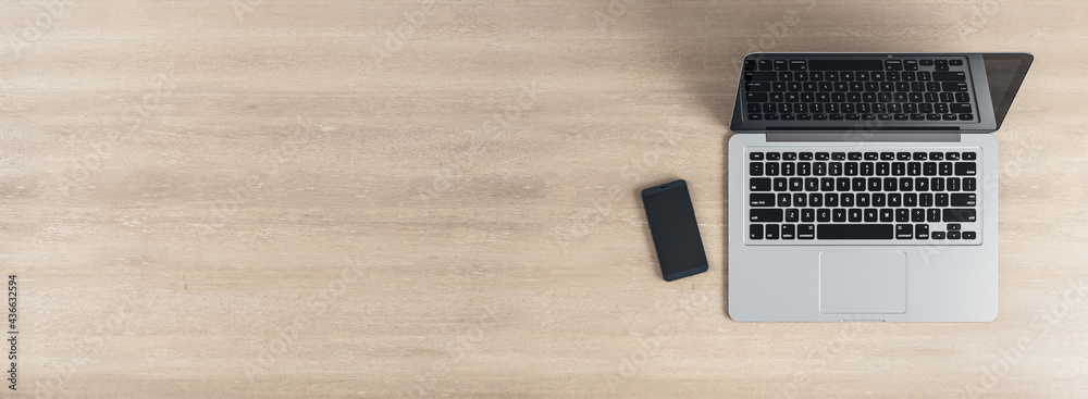 Aufkleber modern laptop with smartphone on blank light wooden surface with copyspace for your text. mock up