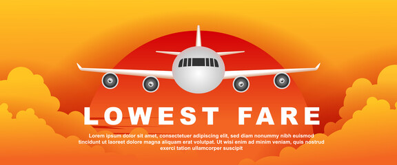 lewest fare. flight promotion. aeroplane fly in the sky sunset time. banner vector illustration © vektor junkie