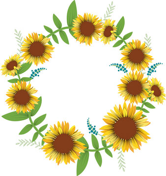 Wreath of sunflowers with space for text. Set of vector flowers. Design for invitations, wedding or greeting cards
