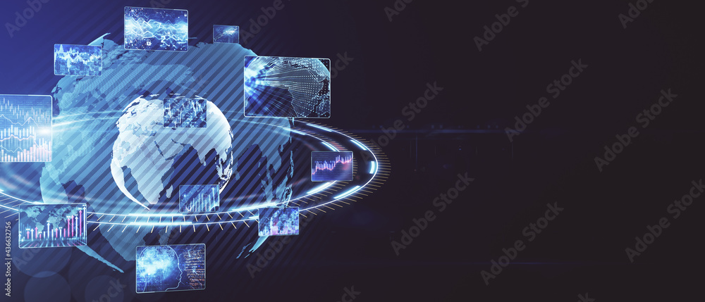 Poster global market and digitalization technology concept with blank dark wallpaper and virtual earth plan