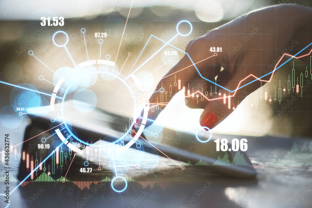 Aufkleber Digital data mining and machine learning technology concept with virtual circle with indicators and financial chart candlestick and diagram on woman finger on digital tablet screen outdoors background