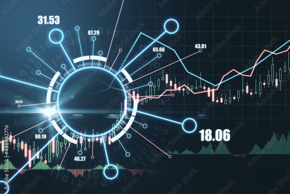 Poster Crypto currency and blockchain concept with digital technological circle and financial chart growing candlestick