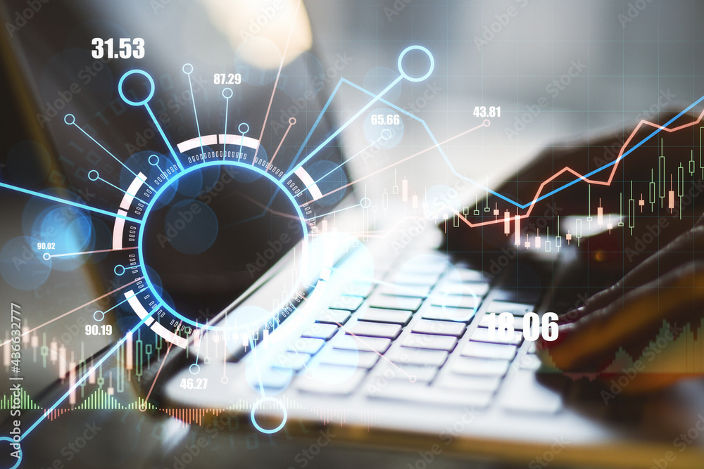 Poster close up of hands using laptop with abstract digital business forex chart. trade concept. double exp