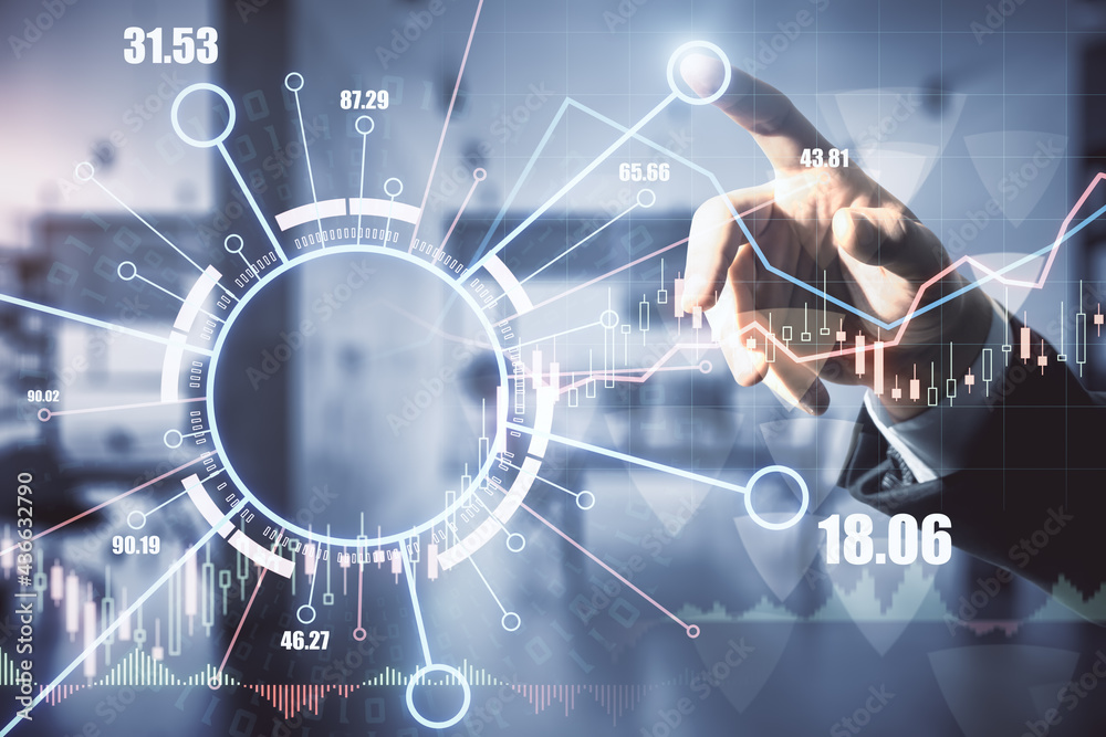 Poster stock market exchange concept with blockchain technology circle and man finger on digital touch scre