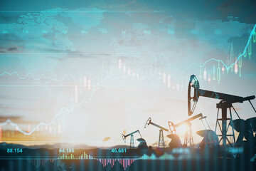 Fototapeta na wymiar Worldwide oil industry market exchange concept with oil pumps field at sunset and virtual screen with financial chart graphs and growing diagram