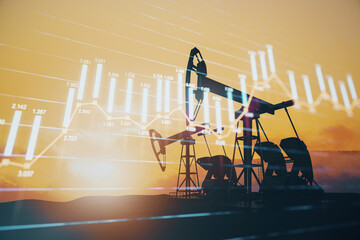 Creative oil mining and forex chart background at sunset. Finance and oil market concept. Double exposure.