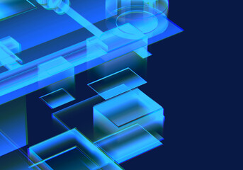 Cyber blue isometric neon city virtual reality background. Abstract technology innovation future digital background. 3d rendering.