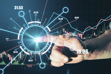 Close up and side view of hand pointing at abstract forex graph with glowing candlestick. Finance and economy concept. Double exposure.