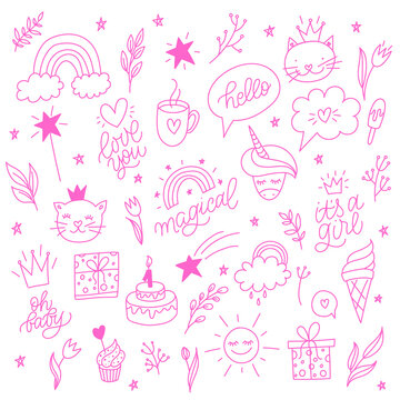 Collection of baby shower line art doodles. Vector hand drawn elements for nursery greeting card and invitation design, patterns, photo album decoration. Isolated.