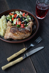 wine with a traditional American lunch with grilled chicken, mashed potatoes and salad