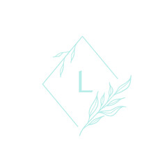 Elegant minimalist floral logo design. Vector hand drawn branch of leaves. Diamond rhombus frame. Isolated on white background.