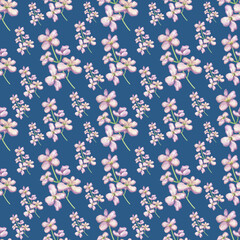 Seamless watercolor pattern with mattiola isolated on dark blue background.Good for  wrapping, dresses , wallpaper,clothes.