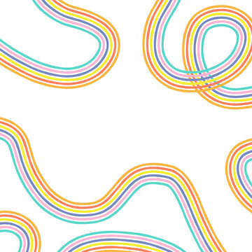 Abstract rainbow colour waves vector background. Geometric vibrant wavy stripe backdrop. Groovy multicoloured curved stripes wallpaper. Hippie positive boho vibes aesthetic graphic design.