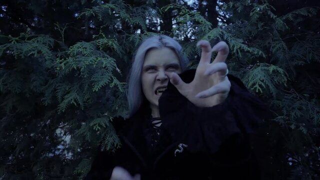 Terrible werewolf woman with large fangs at night. She stretches out her arms to grab.