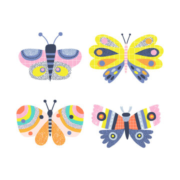 Cute decorative butterfly vector clipart set isolated on white. Scandinavian naive childish style illustration. Summer whimsy bug for modern kid graphic design.