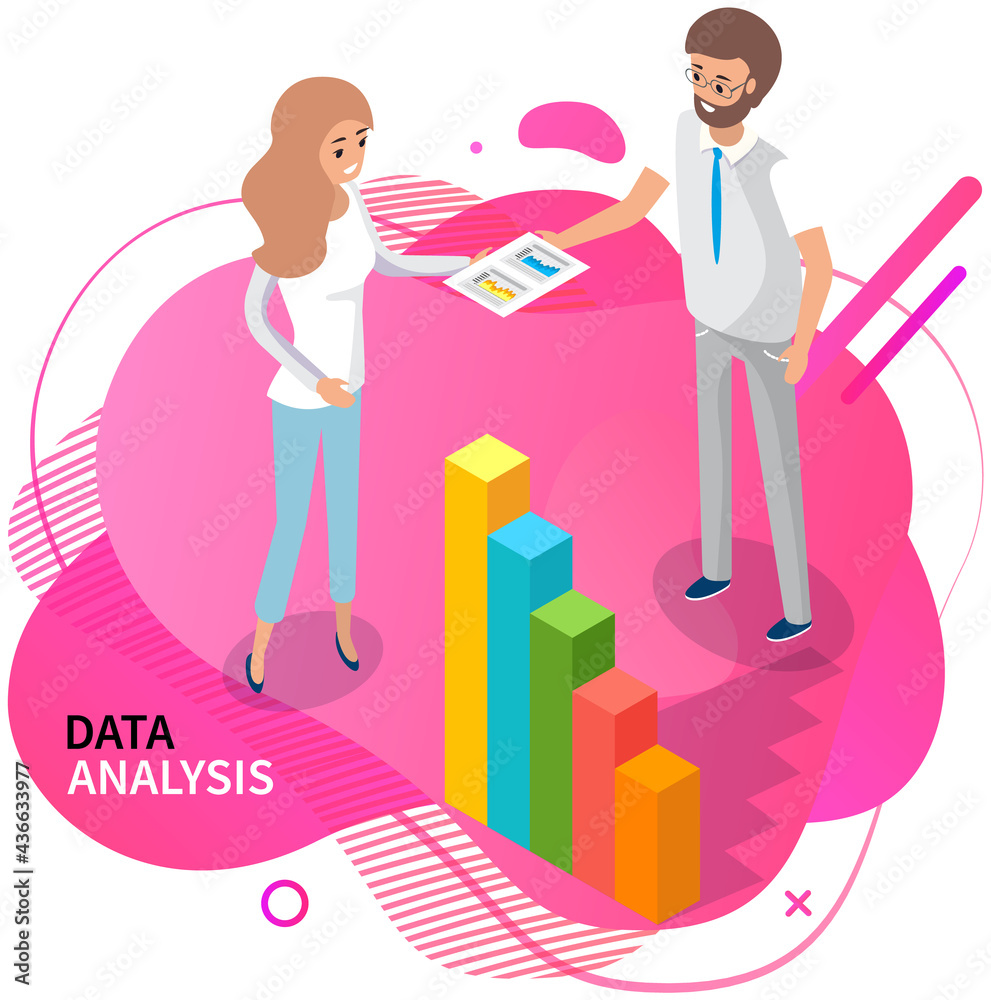 Poster visualize with business analytics. people work with statistical data analysis, changing indicators. 
