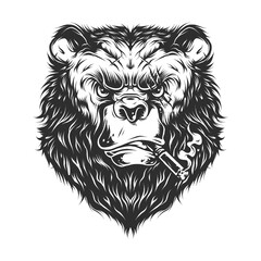 Vintage Bear head with cigarette in monochrome style Premium Vector