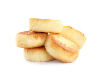 Delicious cottage cheese pancakes on white background