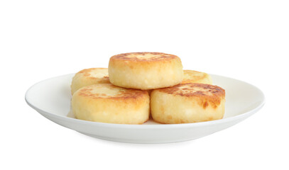 Delicious cottage cheese pancakes on white background