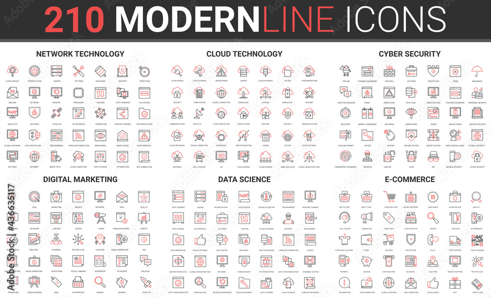 Aufkleber internet network connection cloud technology, cyber security, digital marketing thin red black line 