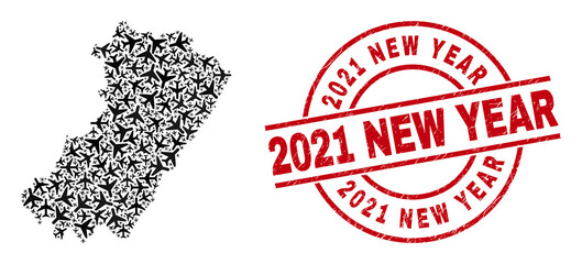 2021 New Year distress seal stamp, and Castellon Province map collage of airplane items. Collage Castellon Province map created with aviation items. Red badge with 2021 New Year word,