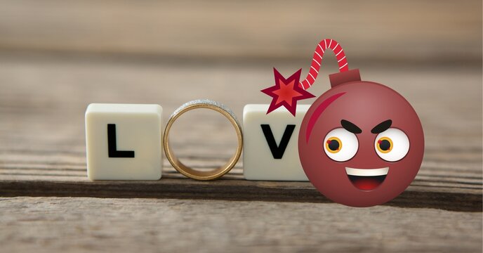 Composition of wedding ring and love text on squares with bomb emoji