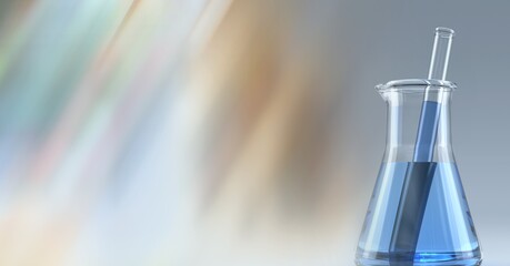 Composition of conical flask of blue liquid and stirrer, with blurred copy space