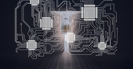 Composition of glowing computer microchips and motherboard with padlock on dark room background