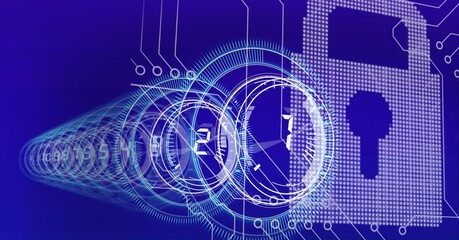 Composition of computer motherboard circuits with safe dials and pixel padlock on blue