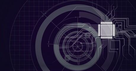 Composition of computer microchip with motherboard circuits and circular scopes on black