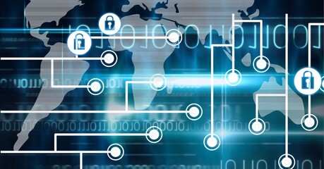 Composition of grey world map with white computer motherboard and connected padlock icons on black