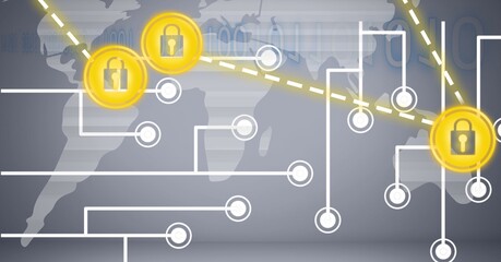 Composition of grey world map with computer motherboard and connected yellow padlock icons