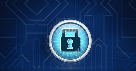 Composition of blue padlock icon with circuits on dark blue circuitboard background