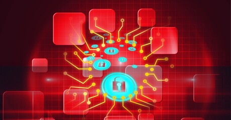 Composition of blue padlock icons with yellow circuits on background of red squares
