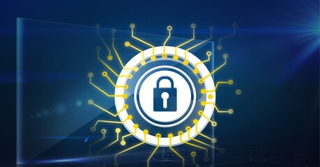 Composition of white padlock icon with circuits on transparent screen against dark blue background