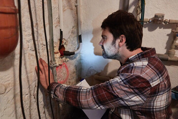 Heimwerker kontrolliert Kabel und Rohre im Keller - obrazy, fototapety, plakaty