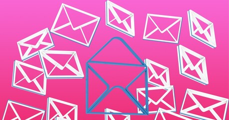 Composition of blue open envelope and white envelope email icons on bright pink background