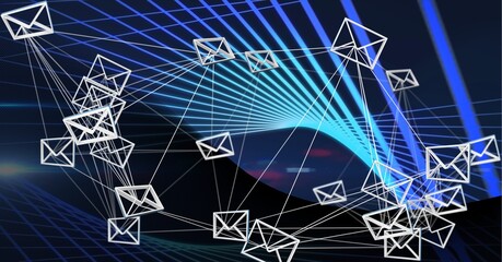 Composition of network of connected envelope email icons with glowing blue lines on black