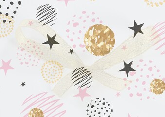 Naklejka premium Composition of black stars, gold circles with textural pink and cream elements on white background