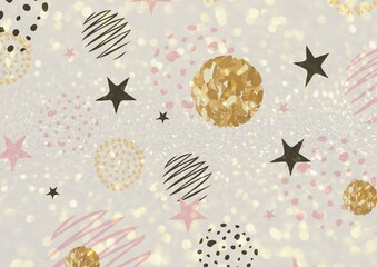 Composition of black stars, gold circles and sparkles, pink and cream shapes on white background