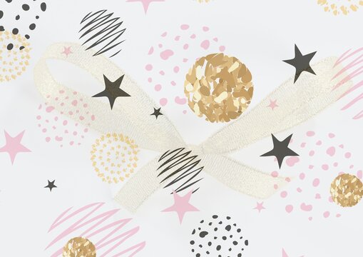 Composition of black stars, gold circles with textural pink and cream elements on white background