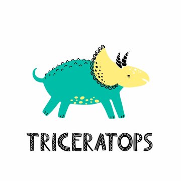 Tricaratops cute vector character. Running dinosaur clipart with lettering. Flat vector illustration with separated elements.