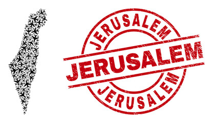 Jerusalem grunged badge, and Israel map mosaic of air plane elements. Mosaic Israel map created with air planes. Red badge with Jerusalem caption, and grunge rubber texture.