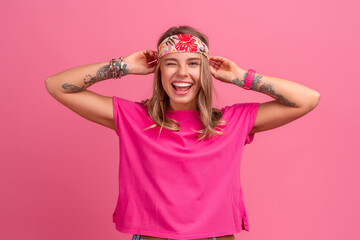 pretty cute smiling woman in pink shirt boho hippie style accessories smiling