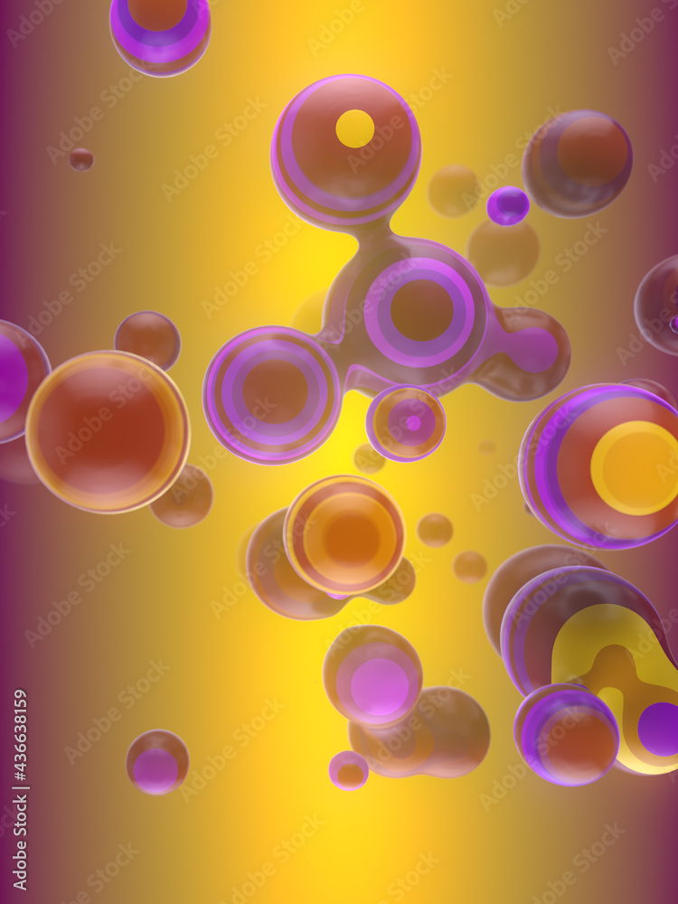 Fototapete 3d rendering digital illustration with multi colored shapes. floating liquid blobs with depth of fie