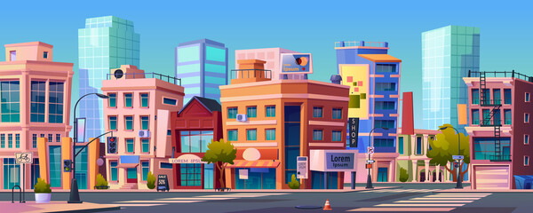 Infrastructure of city, skyscrapers and roads with traffic lights and zebra. Cityscape with buildings and business district. Skyline scenery outdoors metropolitan. Realistic 3d cartoon vector © Sensvector
