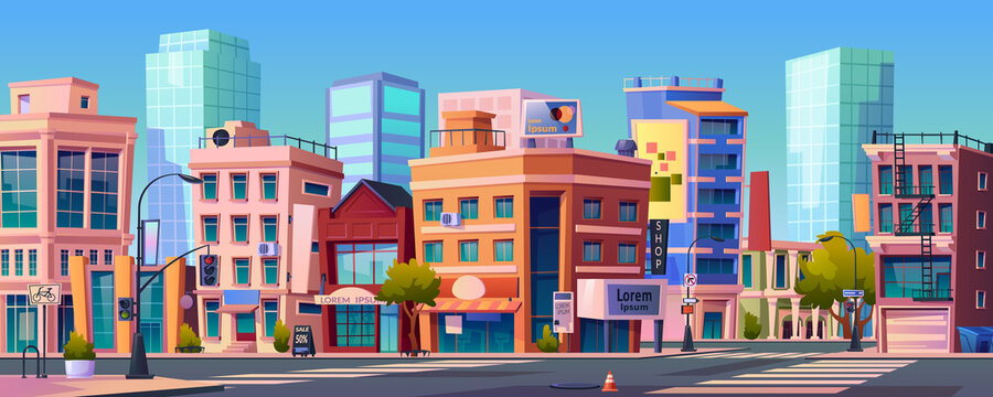 Infrastructure of city, skyscrapers and roads with traffic lights and zebra. Cityscape with buildings and business district. Skyline scenery outdoors metropolitan. Realistic 3d cartoon vector