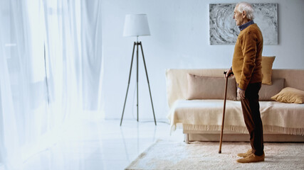 profile view of elderly man with walking stick in modern living room.