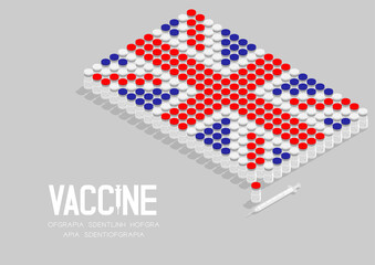 Isometric covid-19 vaccine bottle and syringe, United Kingdom national flag shape, Global Vaccination Campaign Country concept design illustration isolated on grey background with copy space